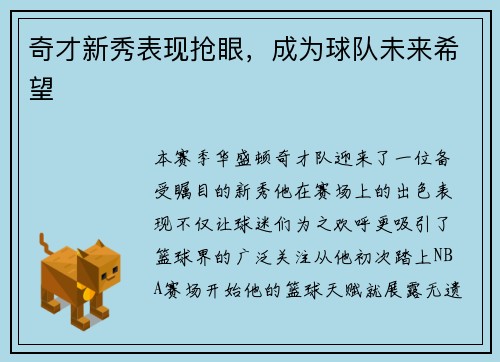 奇才新秀表现抢眼，成为球队未来希望